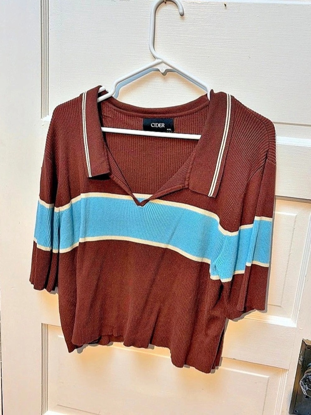 CIDER Knit Polo Striped Short Sleeve Top in Brown & Blue